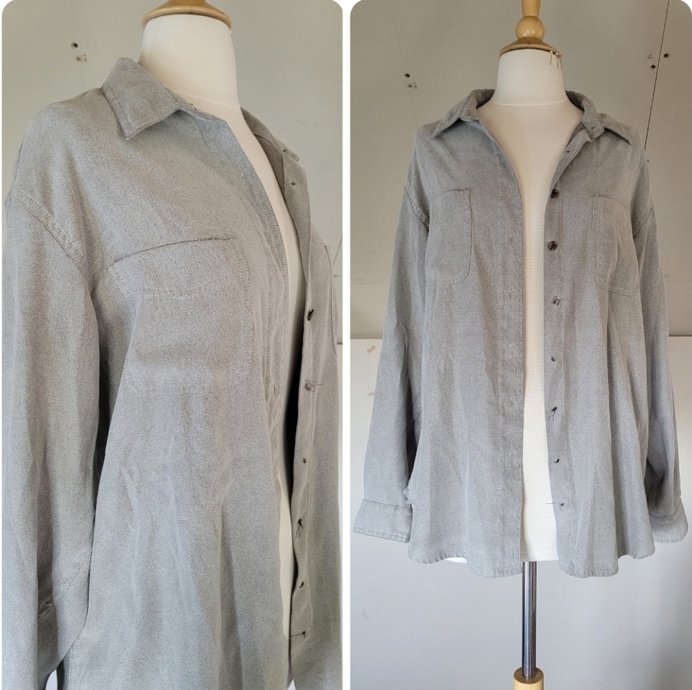 St. John's Bay Womens Grey Button-up Shirt Size L Missing Buttons